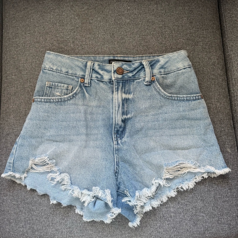 Sincerely Jules Blue Jean Shorts with Distressed Frayed Hem